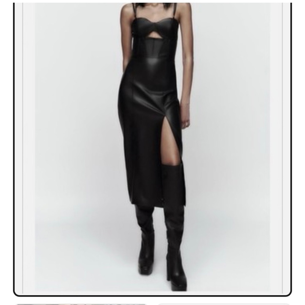 Zara topstitched black  faux leather dress size XS with side slit